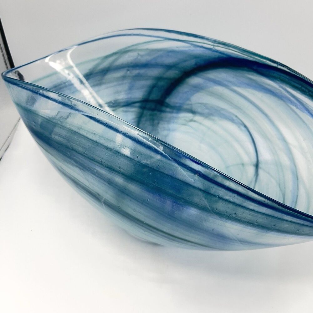 14"x7" Oval Blue Folded Satin Glass Bowl Lines Swirls - Picture 6 of 16